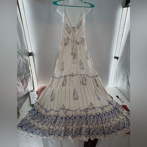 Ananta Boho Cream Tiered Maxi Dress with Blue Paisley Trim Size S/Med